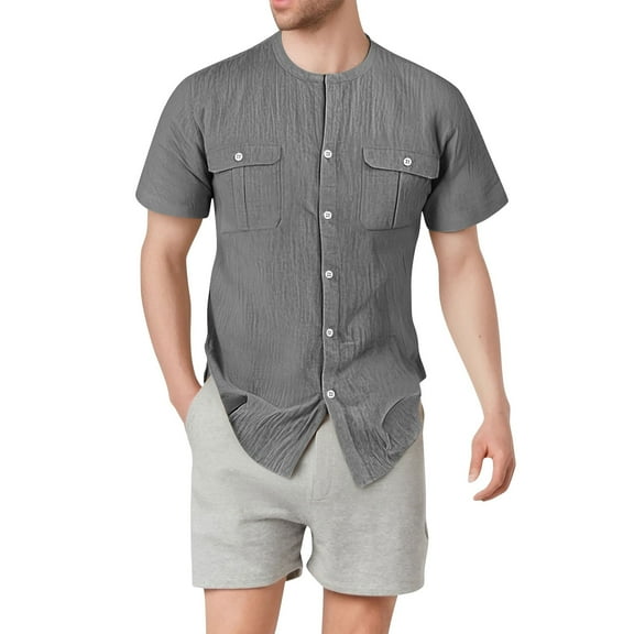 Coorders George Men's Henley Button Down Shirts with Pockets, Linen Men’s Two Pocket Button Front Shirt, Gray, M