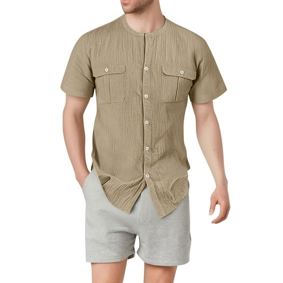 Coorders George Men's Henley Button Down Shirts with Pockets, Linen Men’s Two Pocket Button Front Shirt, Khaki, XXL