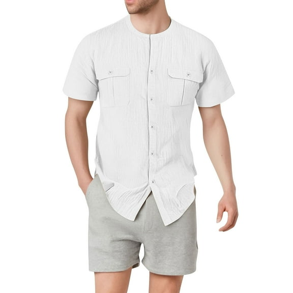 Coorders George Men's Henley Button Down Shirts with Pockets, Linen Men’s Two Pocket Button Front Shirt, White, M