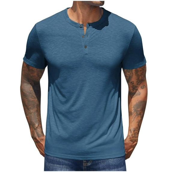 Coorders Men's Knit Round-Neck Shirt Short Sleeve, Solid Button Tee for Summer,Blue,XXXL