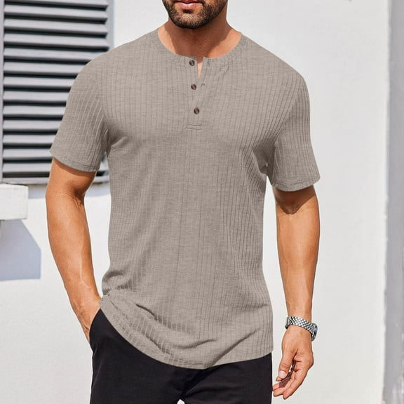 Coorders George Men's Knit Round-Neck Shirt with Short Sleeve, Solid Button Tee for Summer,Light Gray,XL