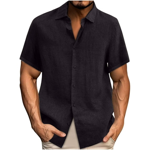 Coorders Men's Linen Casual Button Down Shirt Short Sleeve for Summer , Black,XXXXL