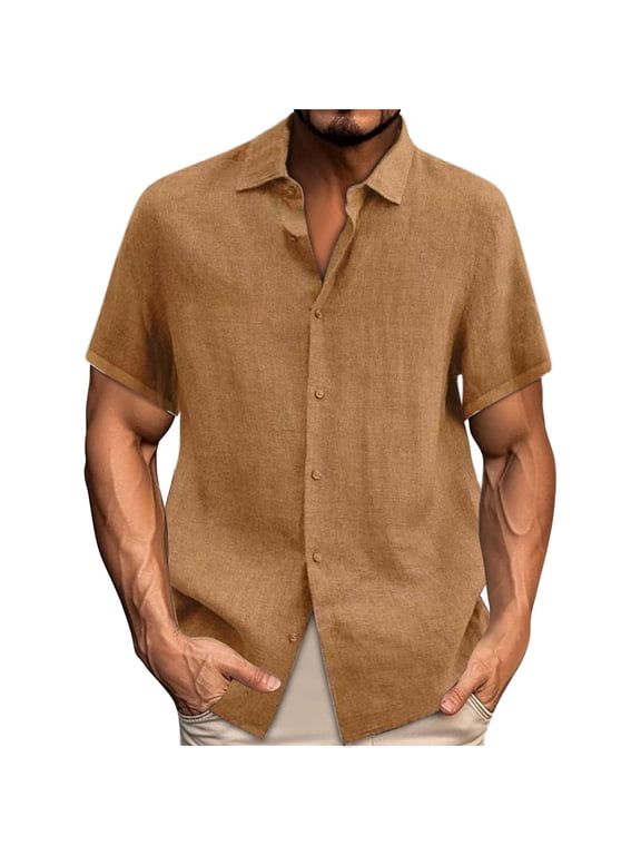 Men's Linen Casual Button Down Shirt Short Sleeve for Summer , Coffee,L