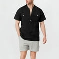 thumbnail image 1 of Coorders Men's Linen Henley Turndown Collar Shirts with Double Pocket, Black, L, 1 of 6