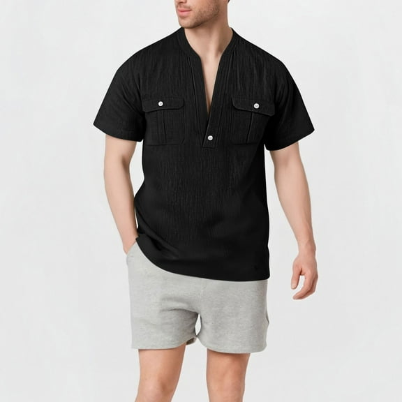 Coorders George Men's Linen Henley Turndown Collar Shirts with Double Pocket, Black, L