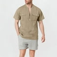 thumbnail image 1 of Coorders Men's Linen Henley Turndown Collar Shirts with Double Pocket, Khaki, XXL, 1 of 6