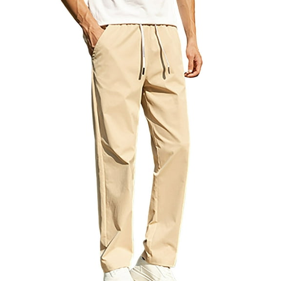 Coorders George Men's Linen Pants, Men’s & Big Men’s Elastic Waist Drawstring Casual Trouser, Lightweight Straight-Legs Fit Pants, Khaki,Size L