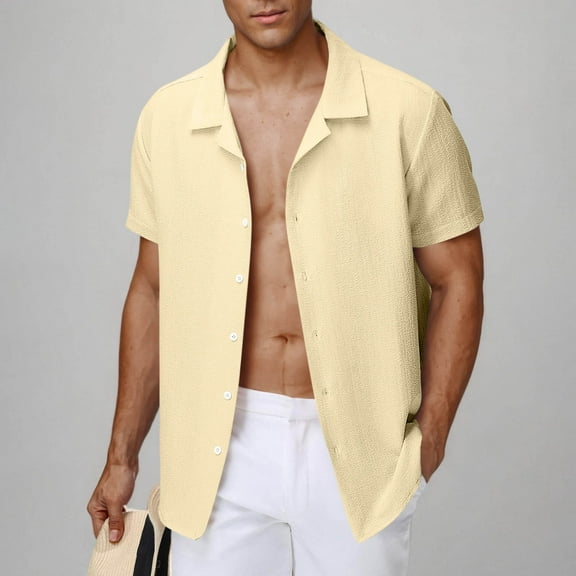 Coorders George Men's Linen Shirts Short Sleeve Hawaiian Button Down Shirt,Beige,L