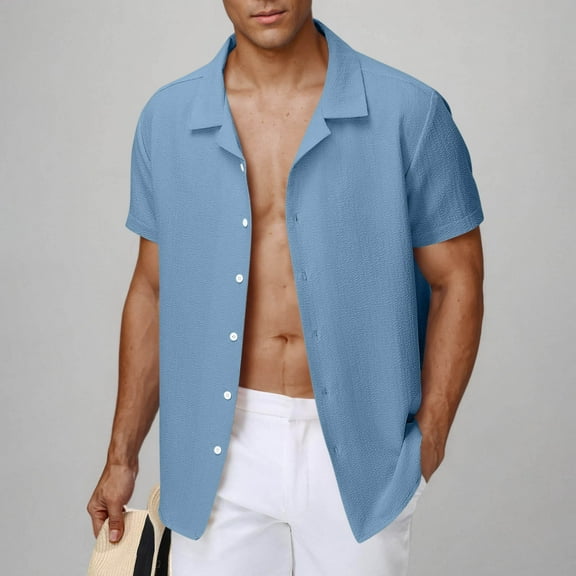 Coorders George Men's Linen Shirts Short Sleeve Hawaiian Button Down Shirt,Blue,XXL