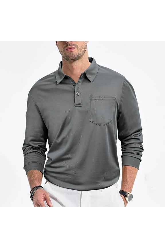 George Men's Long Sleeve Polo, Stretch Lightweight Casual Button Polo T Shirt Basic Golf Shirt with Pocket , Gray, L