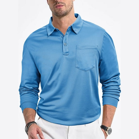 Coorders Men's Long Sleeve Polo, Stretch Lightweight Casual Button Polo T Shirt Basic Golf Shirt Pocket , Light Blue, XL