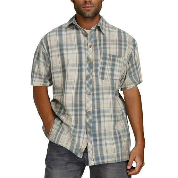 Coorders George Men's Plaid Button Down Shirts with Double Pocket, Beige-A, Size XXXL