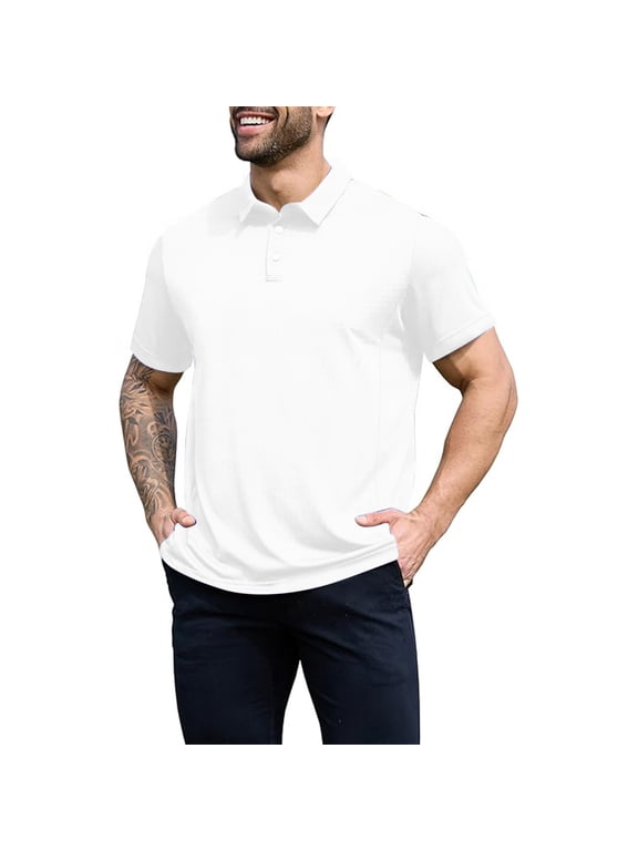 Men's with Short Sleeve, Collared Shirts for Mens, Casual Golf Shirts Fit Cotton Tops, White,Size, XL