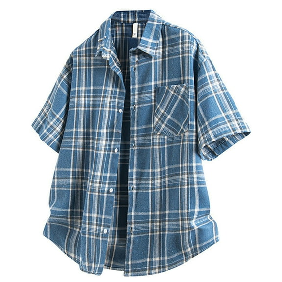 Coorders George Men's Regular-Fit Button Down Shirt with Pocket, Short Sleeve Plaid Button Up Work Shirts ,Big and Tall Blue,Size XXL