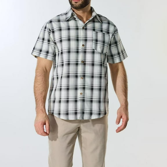Coorders George Men's Regular-Fit Button Down Shirt with Short Sleeve, Plaid Button Up Work Shirts, White, XL
