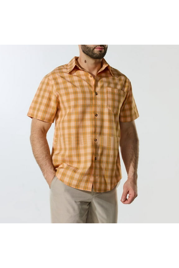 George Men's Regular-Fit Button Down Shirt with Short Sleeve, Plaid Button Up Work Shirts, Yellow, XL