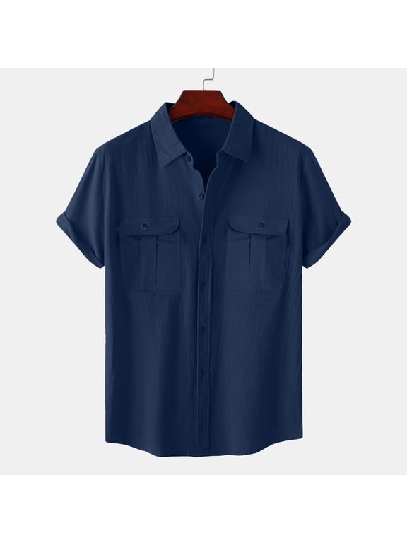 Men's Shirts Short Sleeve Button Down Shirt with Pocke,Casual Commuter Shirts for Mens, Navy, XXXL