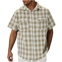 Coorders George Men's Short Sleeve Cotton Plaid Shirt with Double Pocket, Beige, L