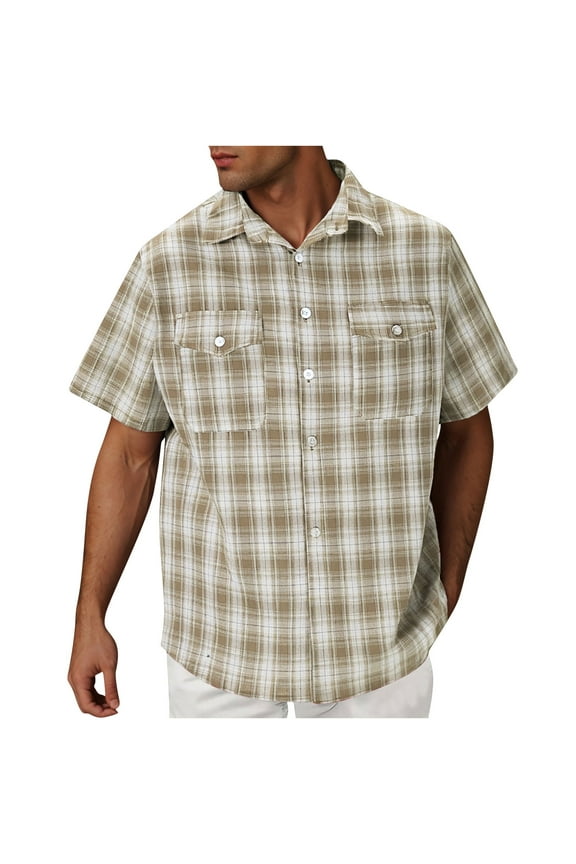 George Men's Short Sleeve Cotton Plaid Shirt with Double Pocket, Beige, L