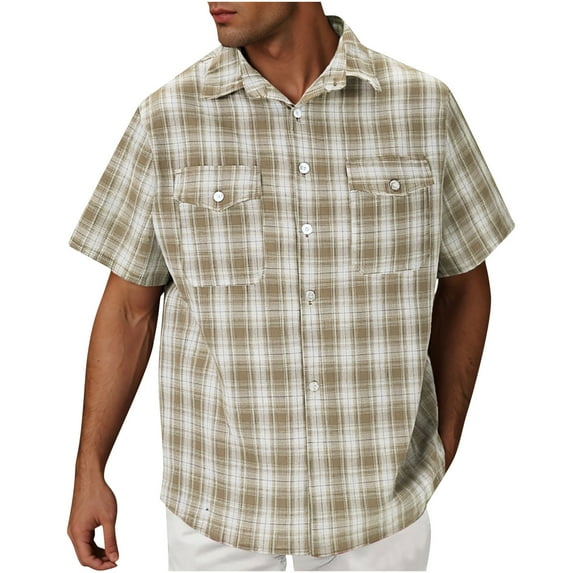 Coorders George Men's Short Sleeve Cotton Plaid Shirt with Double Pocket, Beige, L