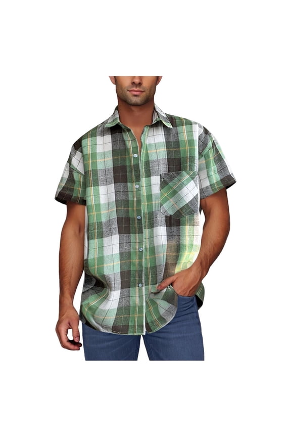 Men's Short Sleeve Cotton Plaid Shirt with Double Pocket, Green-C, Size XXL
