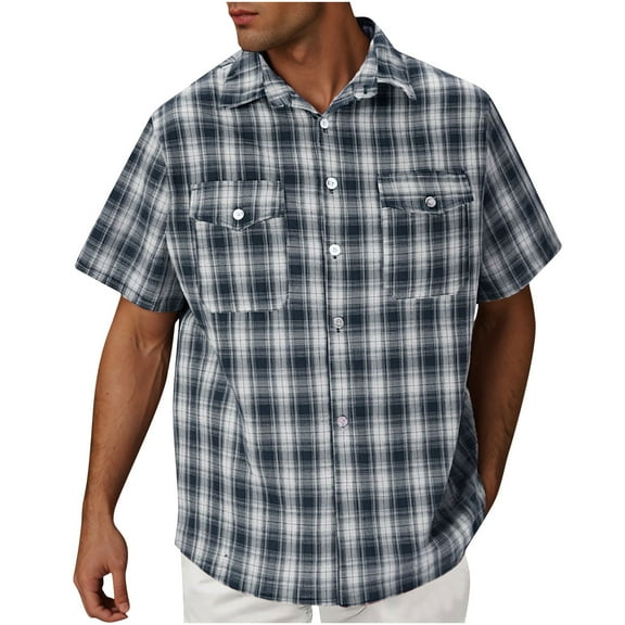 Coorders George Men's Short Sleeve Cotton Plaid Shirt with Double Pocket, Navy, XXL