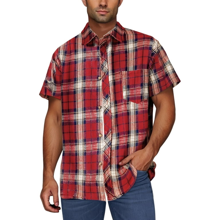 Coorders George Men's Short Sleeve Cotton Plaid Shirt with Double