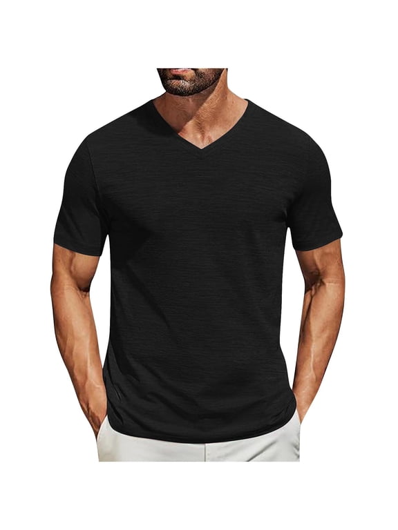 Men's Solid V-Neck T-Shirt with Short Sleeves, Lightweight Casual Tee for Men's and Big Men's ,Black,L