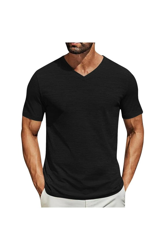 George Men's Solid V-Neck T-Shirt with Short Sleeves, Lightweight Casual Tee for Men's and Big Men's ,Black,XL