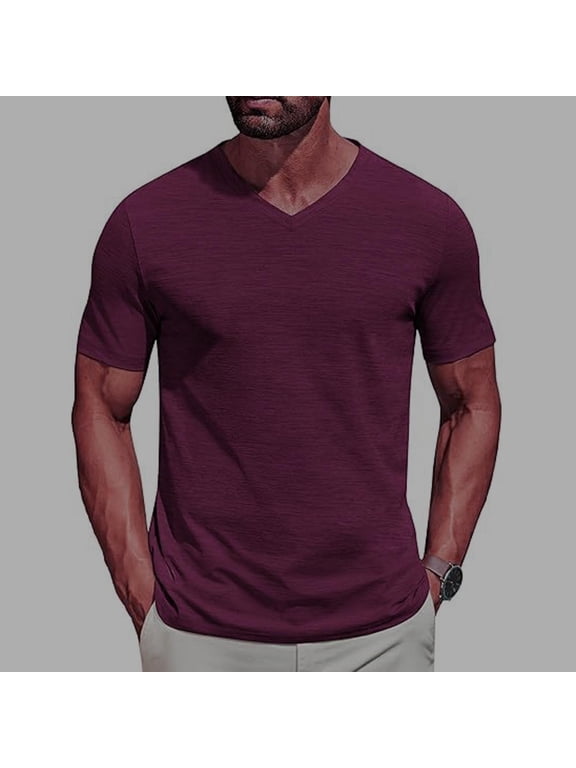 Men's Solid V-Neck T-Shirt with Short Sleeves, Lightweight Casual Tee for Men's and Big Men's ,Purple,L