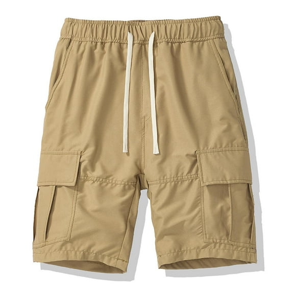 Coorders George Men's and Big Men's Casual Cargo Shorts, Drawstring Stretch Elastic Waist Beach Shorts with Pockets, Khaki, XXXL