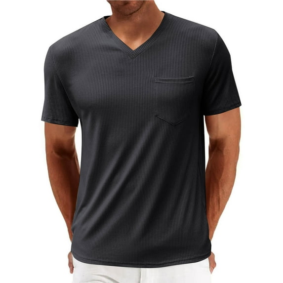 Coorders George Men's and Big Men's Causal Shirt with Short Sleeves, Summer Fit V-Neck Pocket Shirts,Black,XXXL