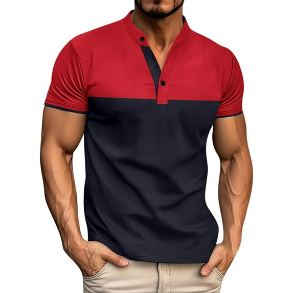 Coorders Mens Casual Shirts, Classic Golf Shirts with Short Sleeve Collared T Shirt Button Golf Slim Fit Tee Tops, Red, Size L