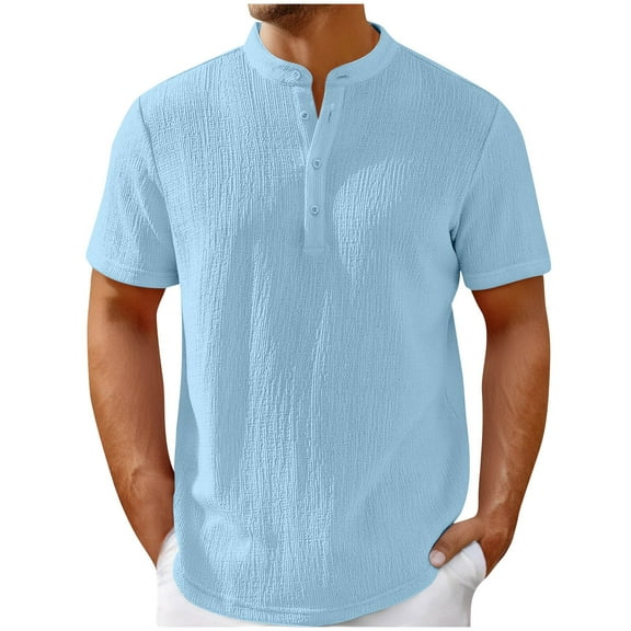 Coorders George Mens Henley Short Sleeve T-Shirt, Linen Button Henley Closure for Mens Big and Tall Summer, Light Blue, Size S