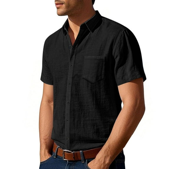 Coorders George Mens Linen Shirt, Men's Regular-Fit Short Sleeve Casual Button Down Shirts, Black, XXXL