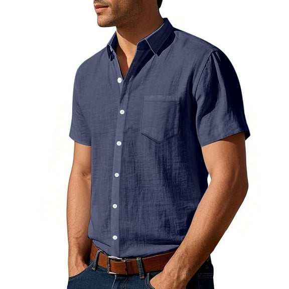 Coorders George Mens Linen Shirt, Men's Regular-Fit Short Sleeve Casual Button Down Shirts, Navy, XXXL