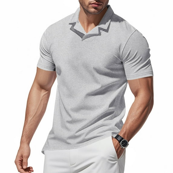 Coorders Mens Polo Tops Short Sleeve, V Neck Summer T Shirts Casual Slim Fit Ribbed Textured Golf Shirts, Gray, S