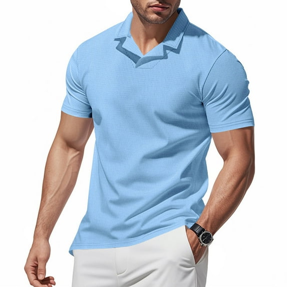 Coorders Mens Polo Tops Short Sleeve, V Neck Summer T Shirts Casual Slim Fit Ribbed Textured Golf Shirts, Light Blue, L