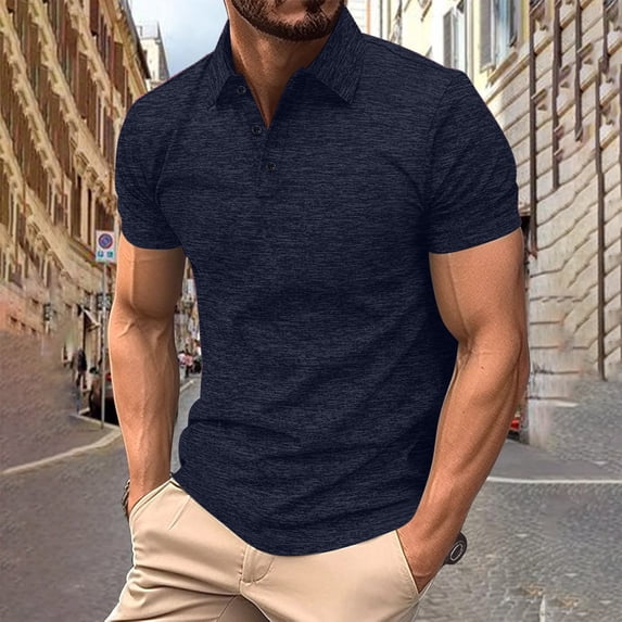 Coorders Mens Regular-Fit Polo Tops Short Sleeve, Casual Slim Button-Up Shirt, Navy, M