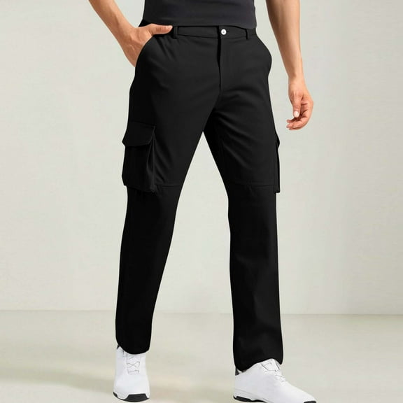 Coorders George Mens Relaxed Fit Cargo Pants With Stretch, Elastic Waist Straight Pants with Pockets, Men's and Big Men's Black,Size L