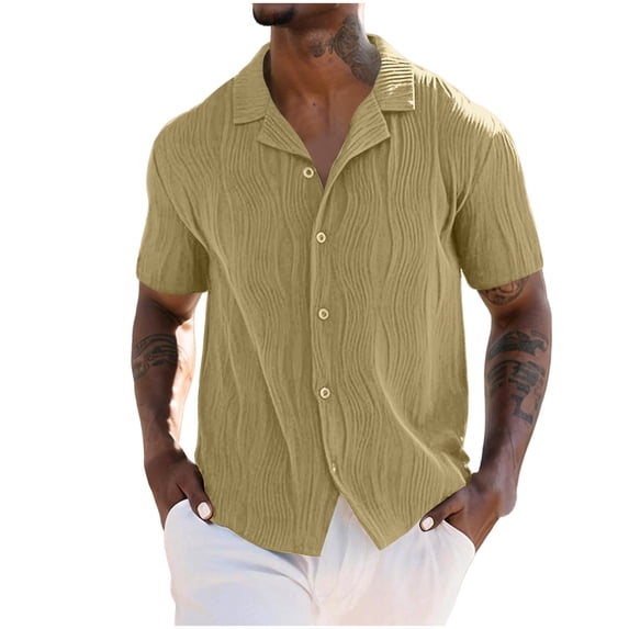 Coorders George Mens Striped Summer Button Down Shirts with Short Sleeve, Casual Beach Shirts Cotton Linen Shirts for Men , Khaki,Size, XXXL