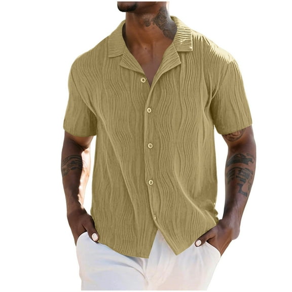 Coorders George Mens Striped Summer Button Down Shirts with Short Sleeve, Casual Beach Shirts Cotton Linen Shirts for Men , Khaki,Size, XXXL