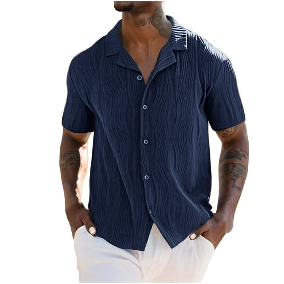Coorders George Mens Striped Summer Button Down Shirts with Short Sleeve, Casual Beach Shirts Cotton Linen Shirts for Men , Navy,Size, XXL