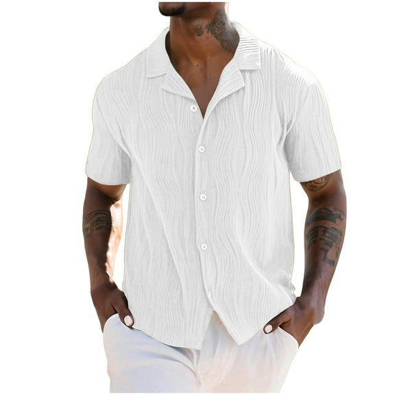 Coorders George Mens Striped Summer Button Down Shirts with Short Sleeve, Casual Beach Shirts Cotton Linen Shirts for Men , White,Size, L