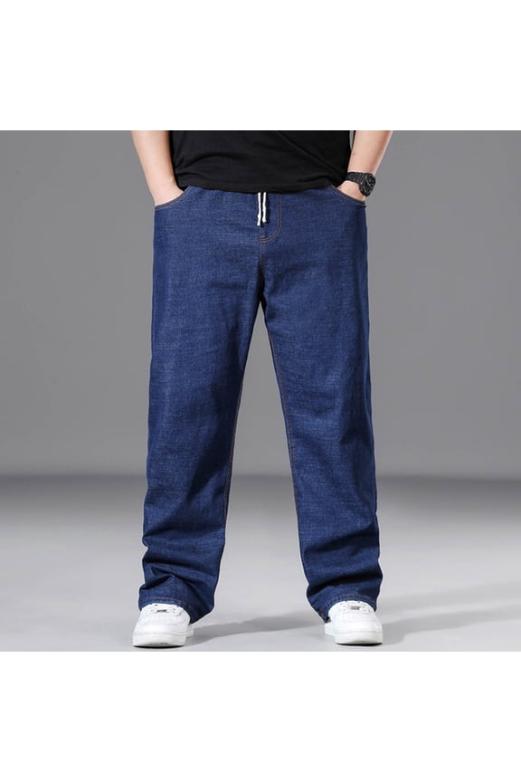 Men's Denim Drawstring Pants with Pockets, Elastic Waist Active Stretch Slim Fit Jeans Dark Blue, XXL