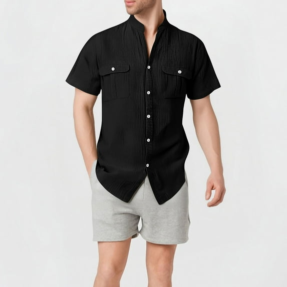 Coorders Men’s & Big Men’s George Linen Crew Neck Button Down Shirts with Double Pocket, Black, L