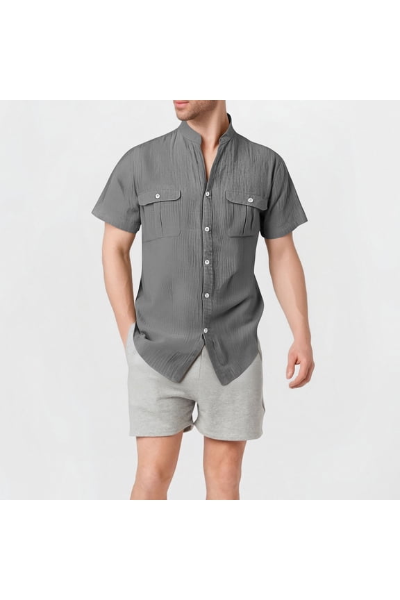 Men’s & Big Men’s George Linen Crew Neck Button Down Shirts with Double Pocket, Gray, XXL