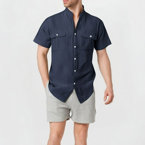 Coorders Men’s & Big Men’s George Linen Crew Neck Button Down Shirts with Double Pocket, Navy, M