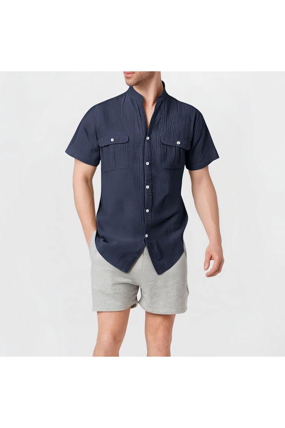 Men’s & Big Men’s George Linen Crew Neck Button Down Shirts with Double Pocket, Navy, XXL