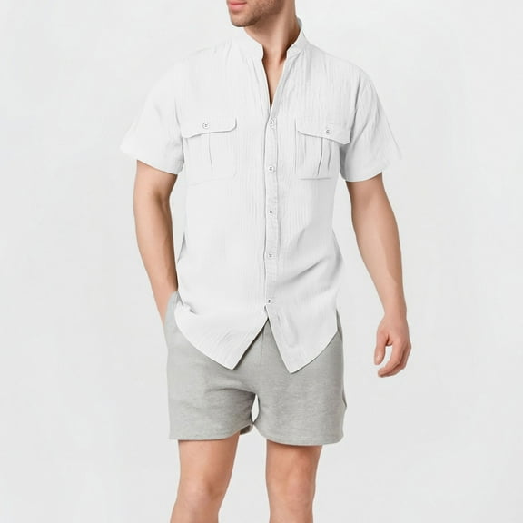 Coorders Men’s & Big Men’s George Linen Crew Neck Button Down Shirts with Double Pocket, White, M